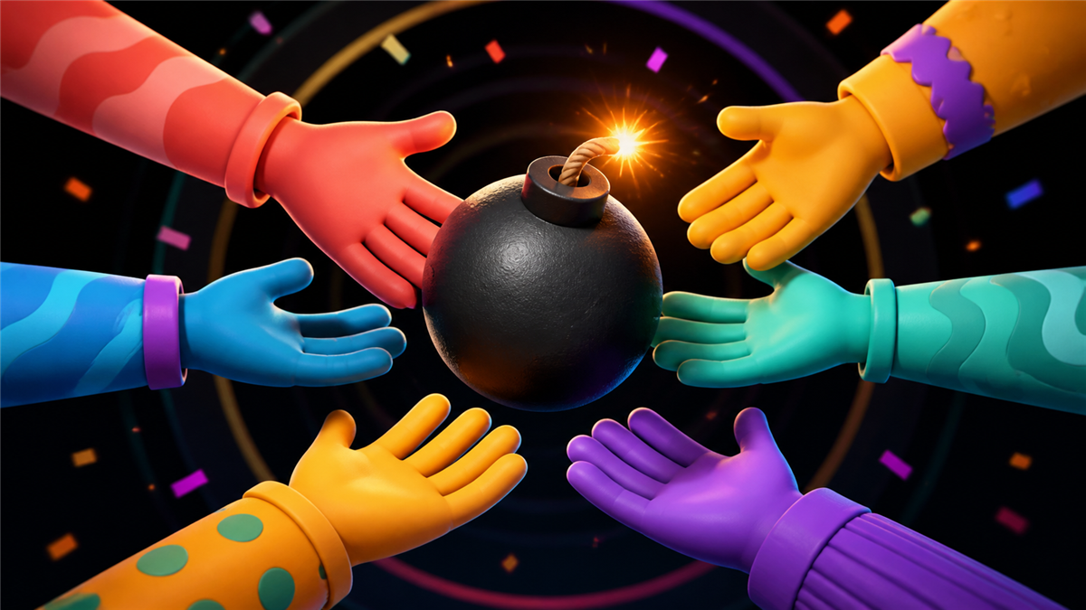 A cartoon bomb being passed between six colorful players