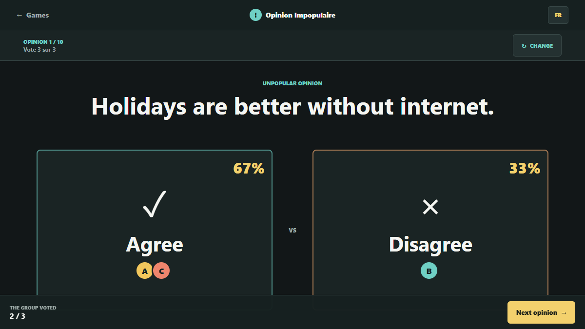 Opinion Impopulaire debate prompt and group voting screen